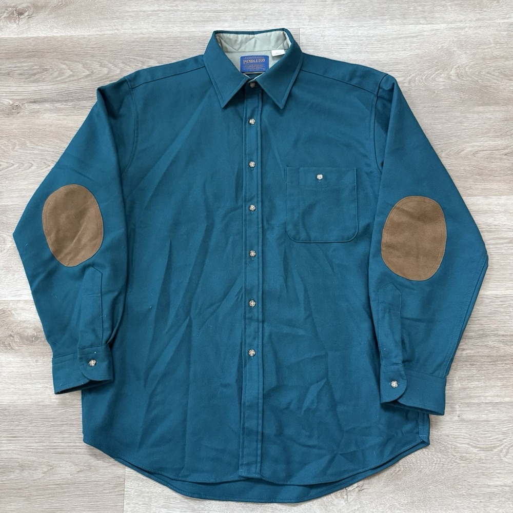 VTG Pendleton Mens Wool Trail Shirt Large Teal Elbow Patches USA Made Flannel